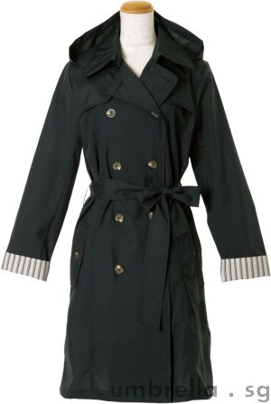 Ladies Double-Breasted Belted Trench Coat in Black with stripes inverted sleeve